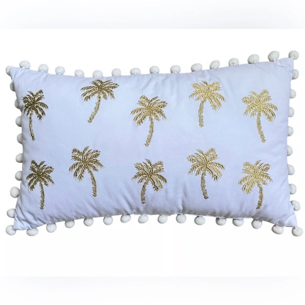 Lilly Pulitzer Two Sided Gold Blue Palm Trees Pom Poms Decorative Lumbar Pillow